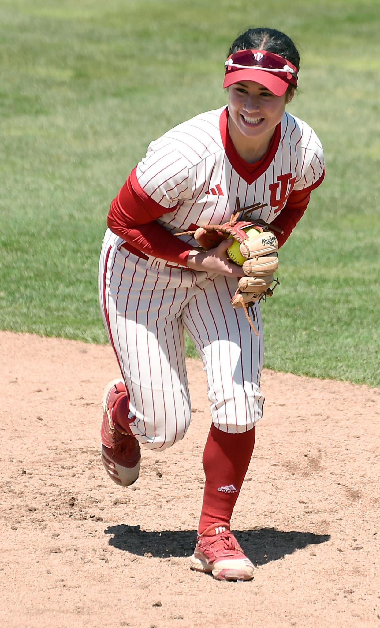 Indiana University freshman second baseman Aly VanBrandt smiles after catching a line drive at MSU Saturday, April 6, 2024.