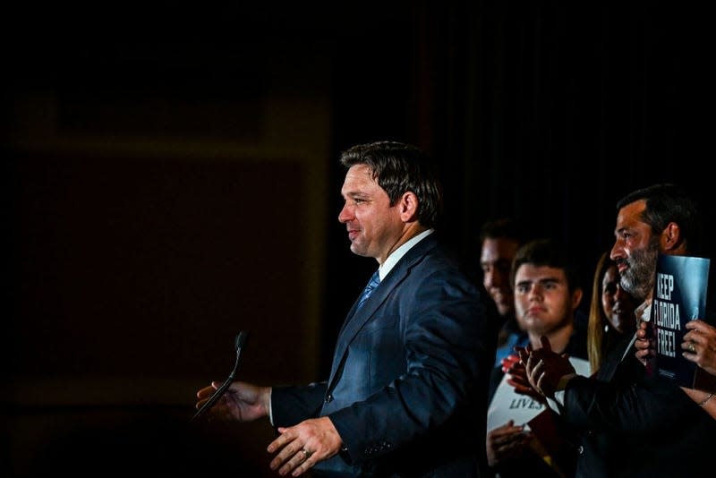 Florida Governor Ron DeSantis speaks during a primary election night event in Hialeah, Florida, on August 23, 2022. - DeSantis will face US Representative Charlie Crist (D-FL) in the general election for governor of Florida on November 8, 2022.