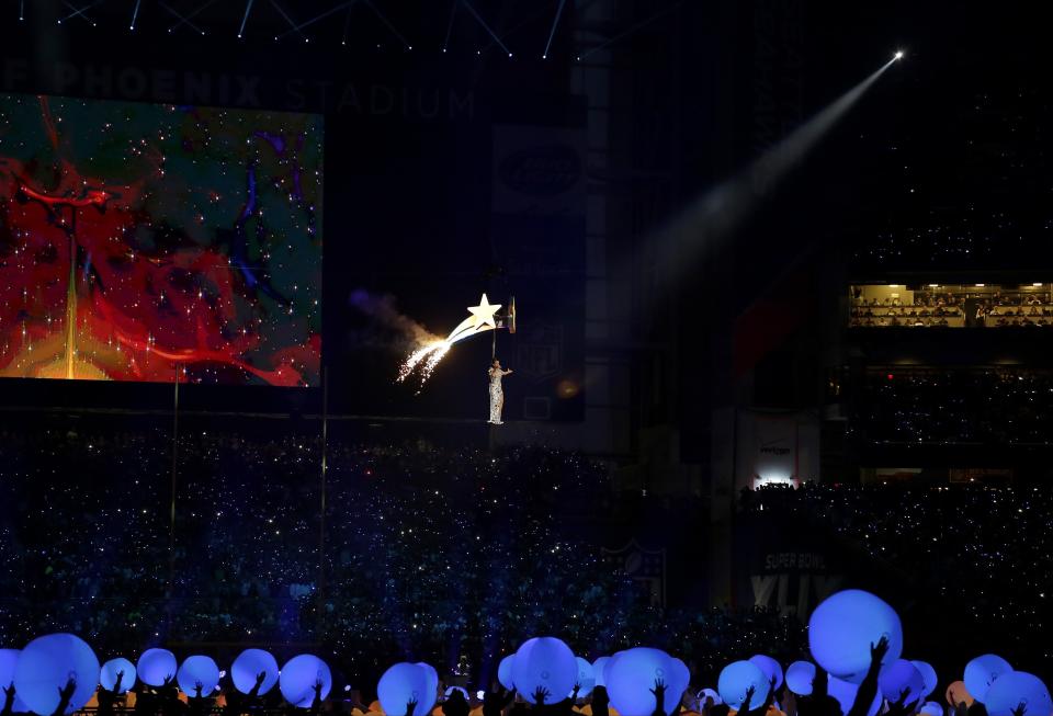 Katy Perry performs during halftime of NFL Super Bowl XLIX football game between the Seattle Seahawks and the New England Patriots on Sunday, Feb. 1, 2015, in Glendale, Ariz. (AP Photo/Elise Amendola)