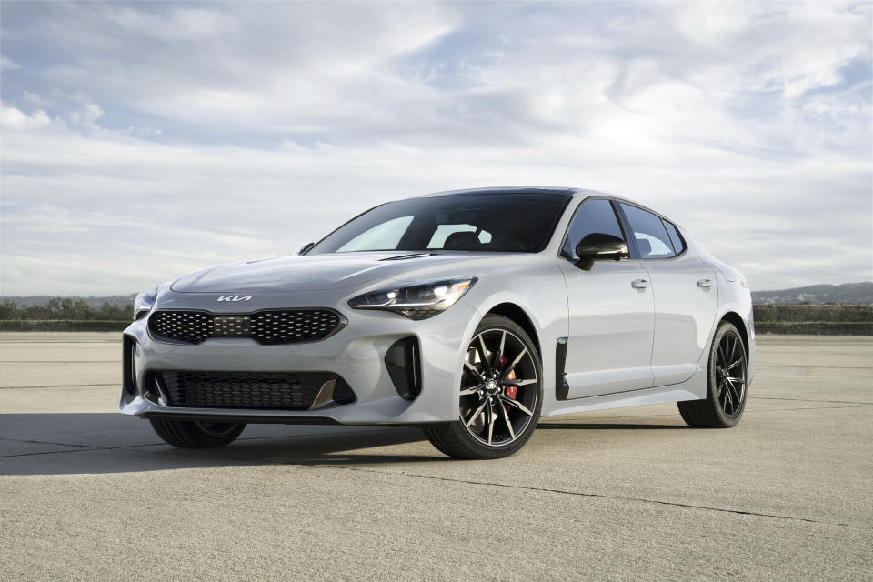 This photo provided by Kia shows the 2022 Kia Stinger, a sporty hatchback sedan with an available 368-horsepower turbo V6 engine. (Courtesy of Kia America via AP)