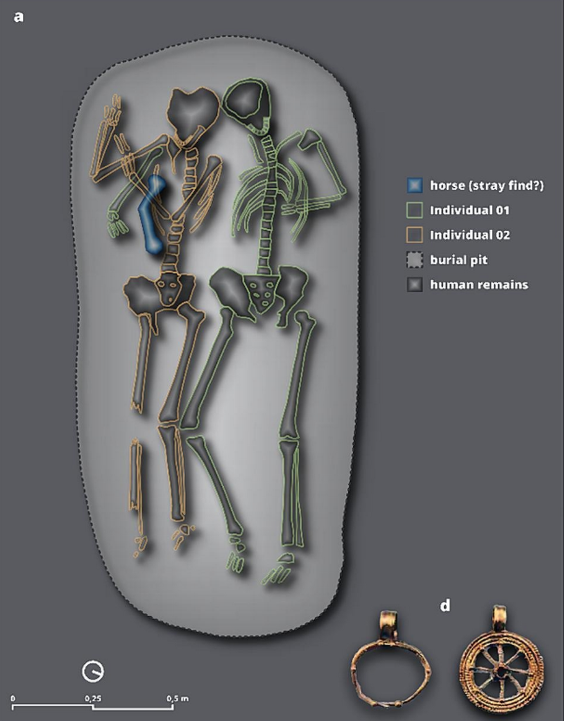 Pendant jewelry was found buried with the human remains suggesting a high social status, the researchers said.