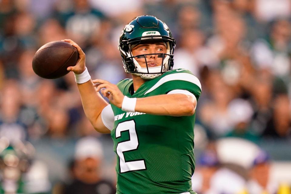 New York Jets' Zach Wilson throws during the first half of a preseason NFL football game against the Philadelphia Eagles on Friday, Aug. 12, 2022, in Philadelphia. (AP Photo/Matt Slocum)