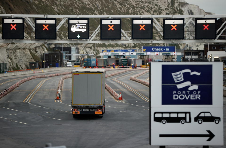 A truck drives towards the entrance to the Port of Dover, UK. Photo: John Sibley/Reuters