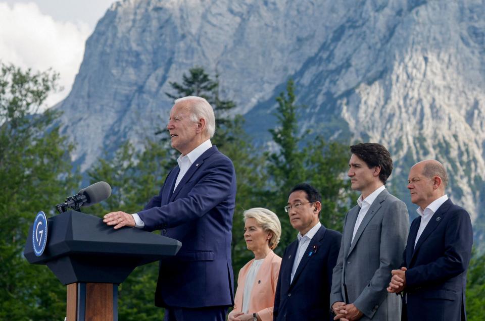 U.S. President Joe Biden speaks next to European Commission President Ursula von der Leyen, Japanese Prime Minister Fumio Kishida, Canadian Prime Minister Justin Trudeau and German Chancellor Olaf Scholz during the first day of the G7 leaders' summit held at Elmau Castle, southern Germany on June 26, 2022.