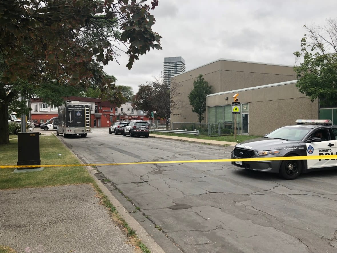 Toronto police were called to Weston Road and Lawrence Avenue West at approximately 3:30 a.m. for reports of a shooting. A man was pronounced dead at the scene and another man was taken to hospital with non-life-threatening injuries. (Clara Pasieka/CBC - image credit)