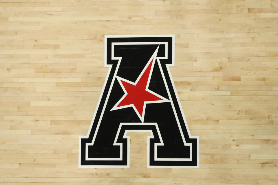 CINCINNATI, OH - JANUARY 28: The American Athletic Conference logo on the court during the game against the SMU Mustangs and the Cincinnati Bearcats on January 28th 2020, at Fifth Third Arena in Cincinnati, OH. (Photo by Ian Johnson/Icon Sportswire via Getty Images)