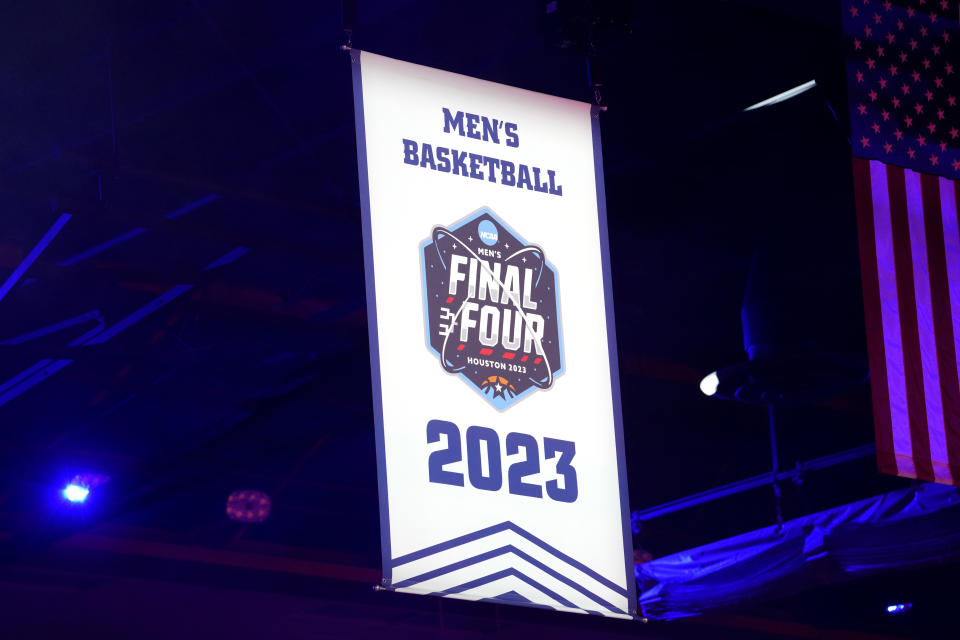 A Final Four banner hangs during a Paradise Madness ceremony for the FAU NCAA college basketball team, Wednesday, Oct. 25, 2023, in Boca Raton, Fla. (AP Photo/Lynne Sladky)