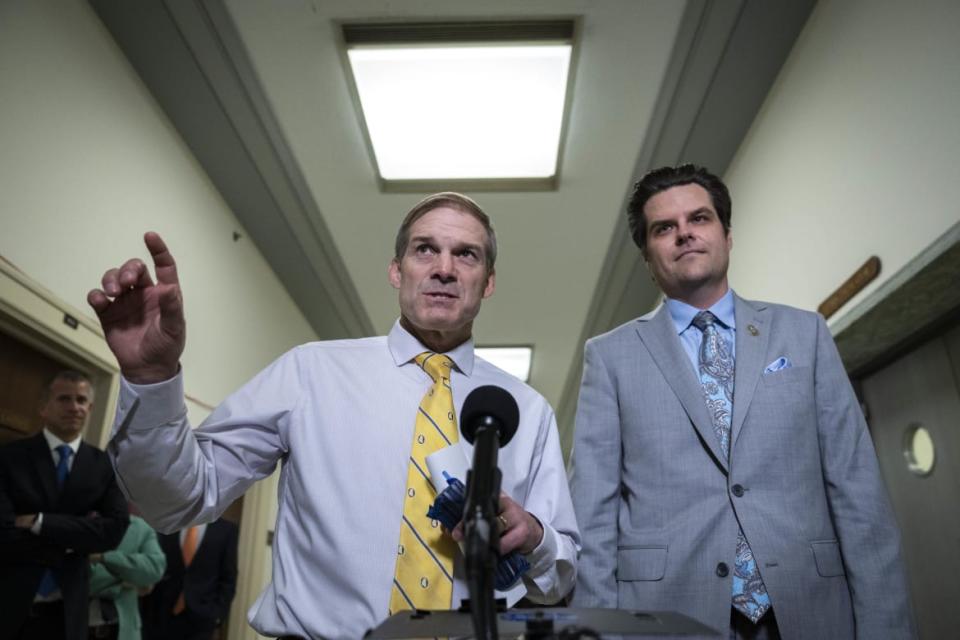 <div class="inline-image__caption"><p>Reps. Jim Jordan and Matt Gaetz speak to reporters during a break in a closed door meeting with former White House counsel Don McGahn on June 4.</p></div> <div class="inline-image__credit">Drew Angerer/Getty</div>