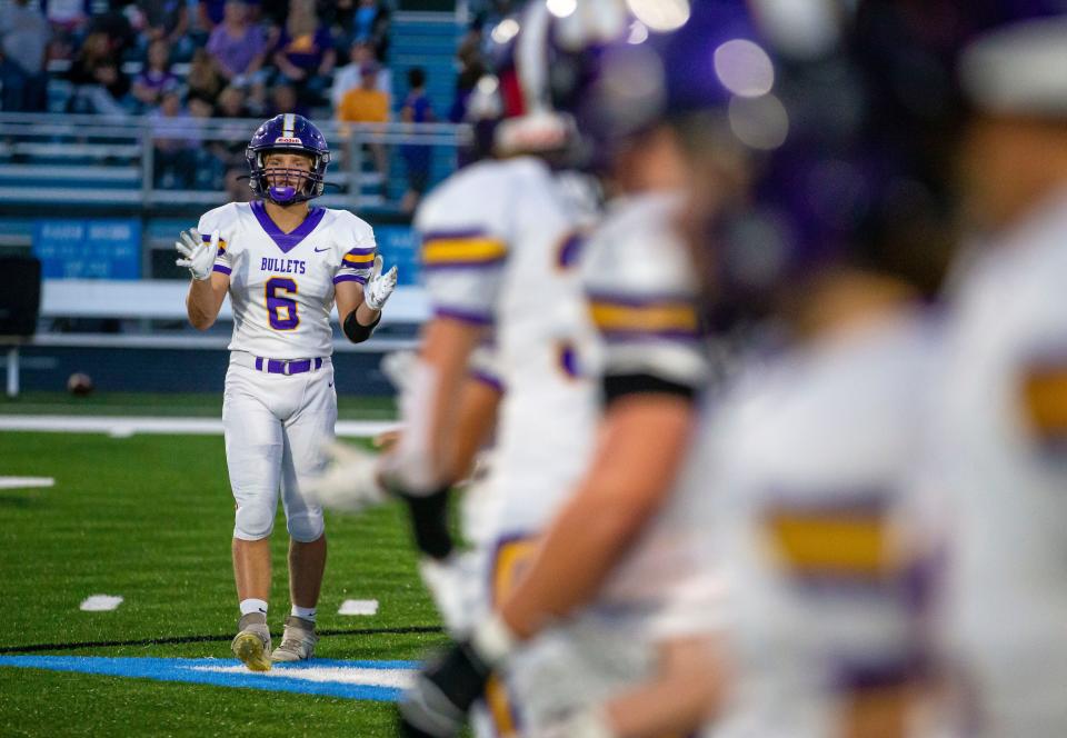 Williamsville's Colin Ripperda (6) gets prepared with his teammates as they warmup to take on North Mac at North Mac High School in Virden, Ill., Friday, October 1, 2021. [Justin L. Fowler/The State Journal-Register] 