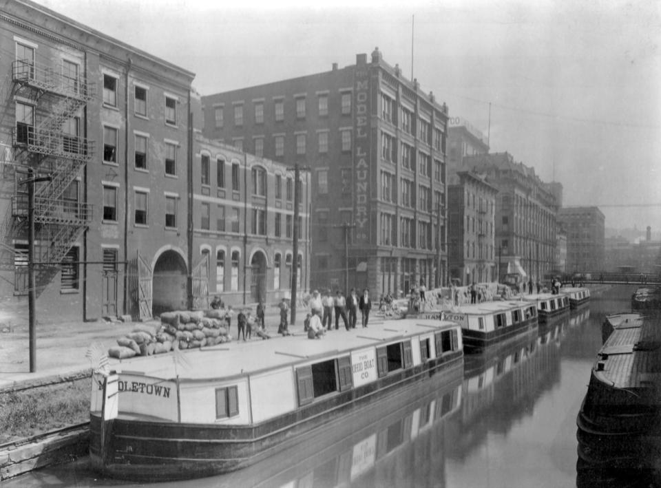 The Ohio Boat Co. fleet of boats sits on the Erie Canal in Cincinnati.