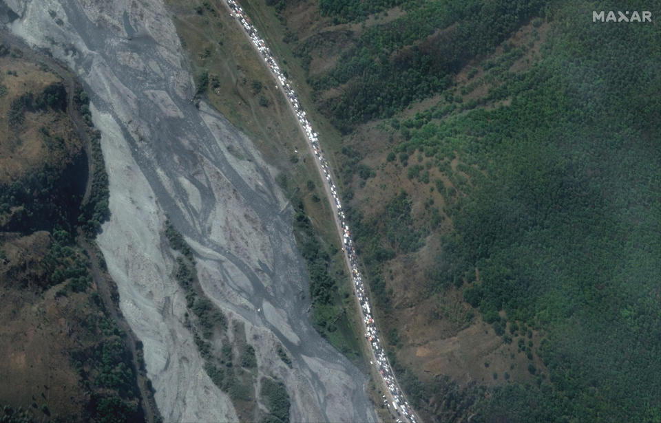A satellite image of a traffic jam along a highway near the Russia-Georgia border. 