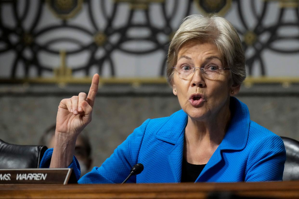Sen. Elizabeth Warren (D-MA) questions former executives of failed banks during a Senate Banking Committee hearing on Capitol Hill May 16, 2023 in Washington, DC.