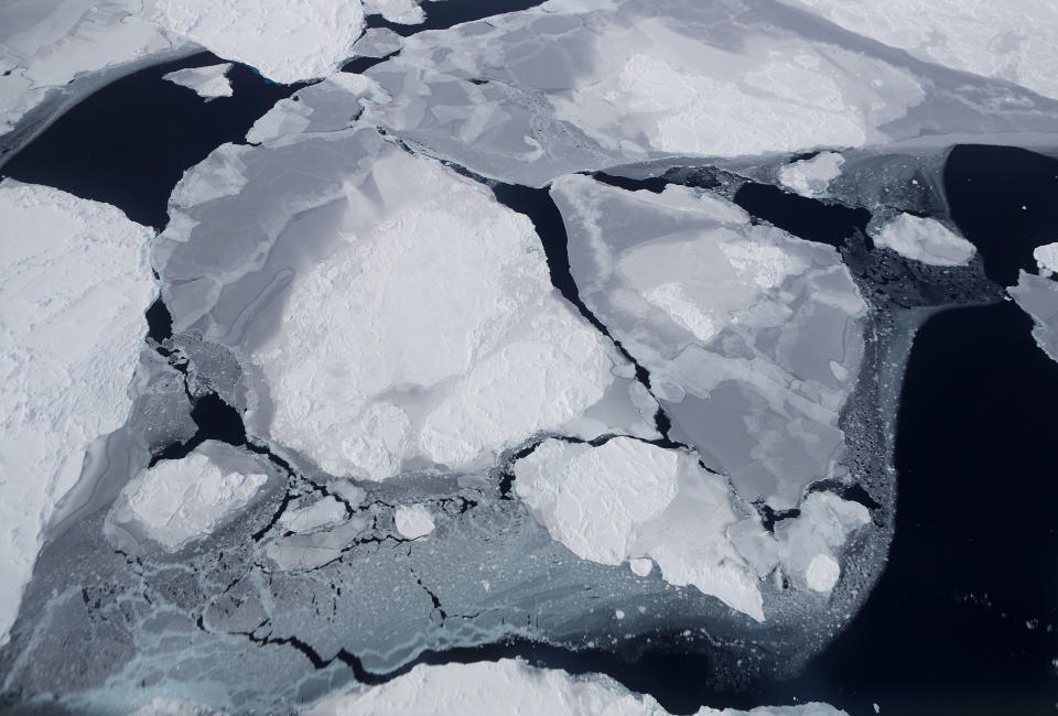 <p>Sea ice seen from aboard NASA’s research aircraft in the Antarctic Peninsula region, on Nov. 3, 2017, above Antarctica. (Photo: Mario Tama/Getty Images) </p>