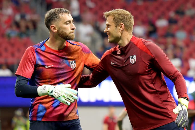 United States goalkeeper coach Fabian Otte talks with Matt Turner #1 during warmups prior to playing Panama at Mercedes-Benz Stadium