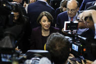 Democratic presidential candidate Sen. Amy Klobuchar, D-Minn., responds to questions following a Democratic presidential primary debate hosted by CNN/New York Times at Otterbein University, Tuesday, Oct. 15, 2019, in Westerville, Ohio. (AP Photo/Tony Dejak)