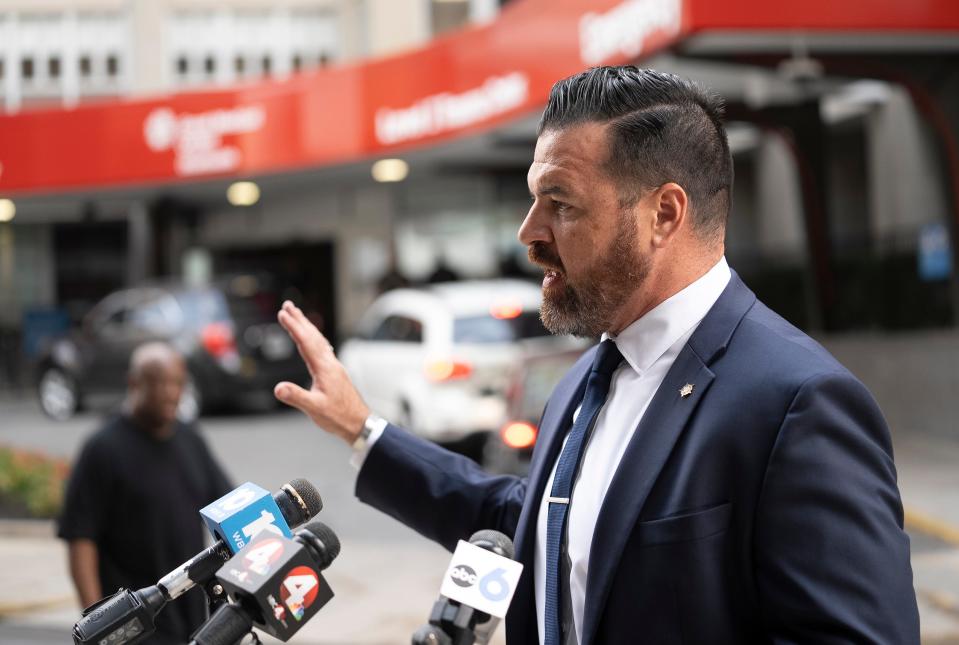 Jul 7, 2023; Columbus, OH, United States; Columbus Police Officer and FOP Representative Brian Steel speaks outside of Grant Hospital where a Columbus Police Officer is being cared for following a shooting on the evening of July 6th. 