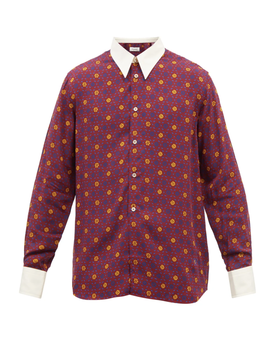 Contrast-Collar Floral-Print Shirt