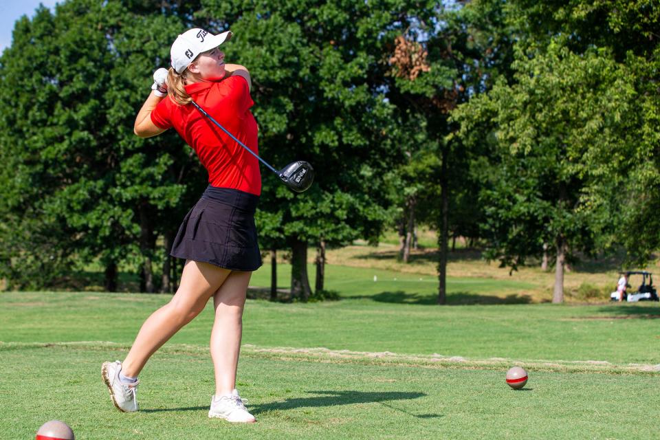 Haley Whittern from Piedmont High School plays golf during all-state golf matches at Cherokee Hills Golf Club in Tulsa, Okla. on Monday, July 24, 2023.