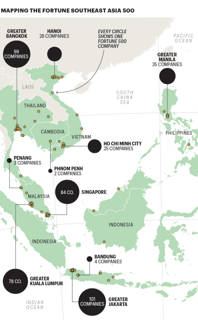 Map shows statistics about the Fortune southeast Asia 500