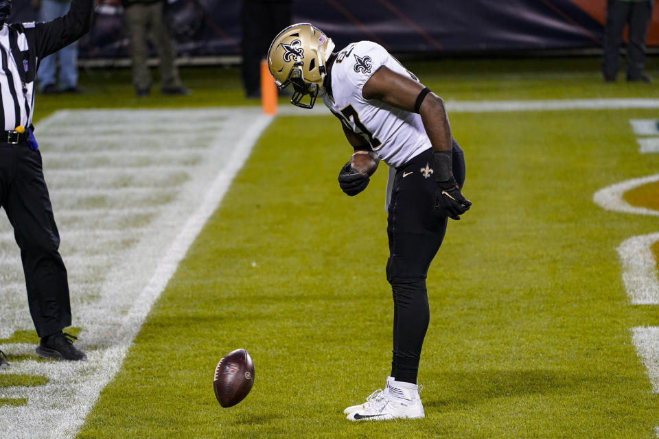 New Orleans Saints tight end Jared Cook (87) celebrates after a touchdown against the Chicago Bears in the first half of an NFL football game in Chicago, Sunday, Nov. 1, 2020. (AP Photo/Charles Rex Arbogast)