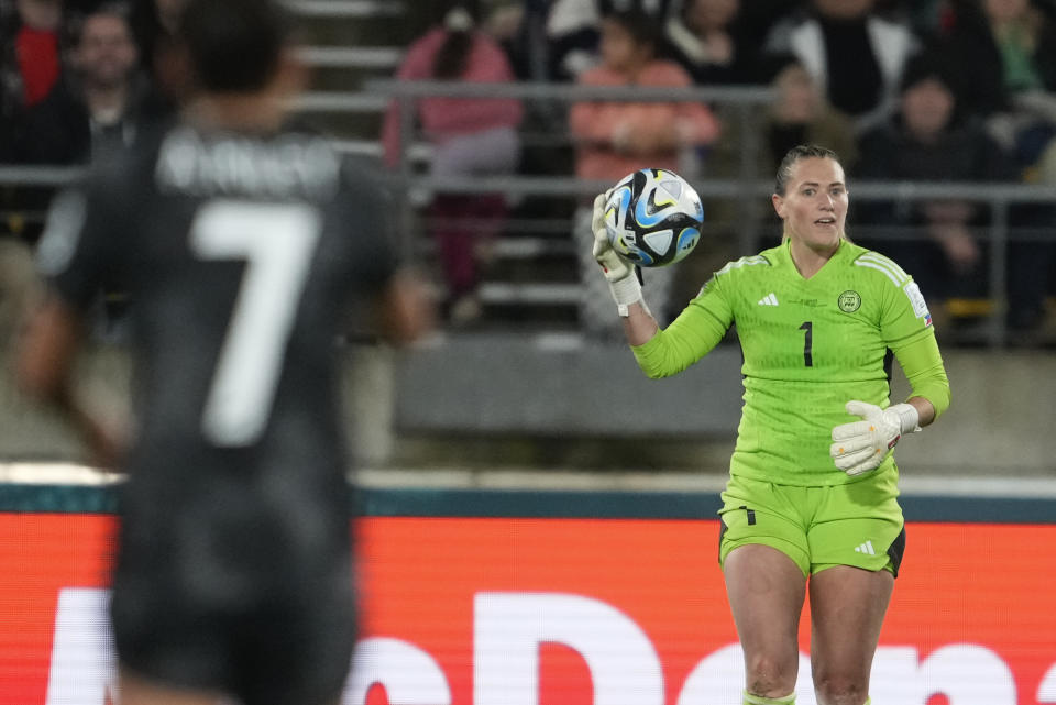 Philippines' goalkeeper Olivia McDaniel waits to kick the ball down field during the Women's World Cup Group A soccer match between New Zealand and the Philippines in Wellington, New Zealand, Tuesday, July 25, 2023. (AP Photo/John Cowpland)