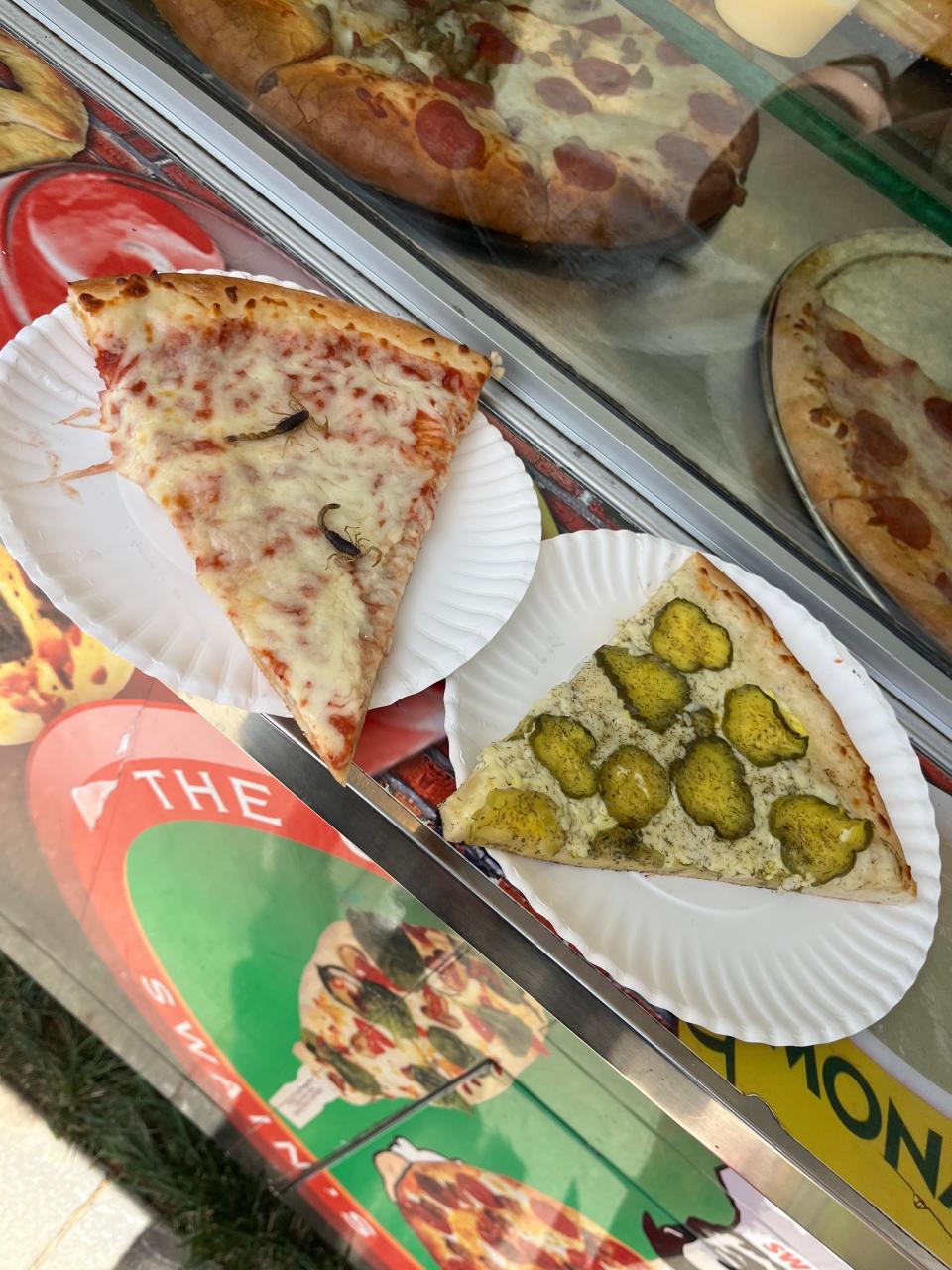 Scorpion pizza and pickle pizza at the Indiana State Fair.