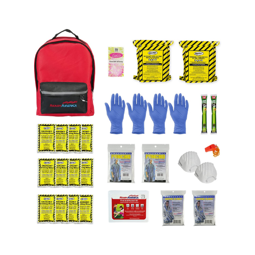 Emergency Kit by Ready America with red backpack, disposable gloves, face masks, and other products