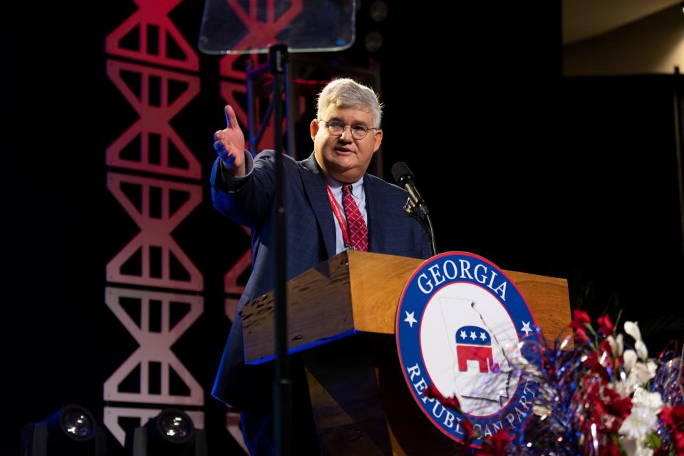 Shafer speaking at the 2023 Georgia Republican Party state convention.