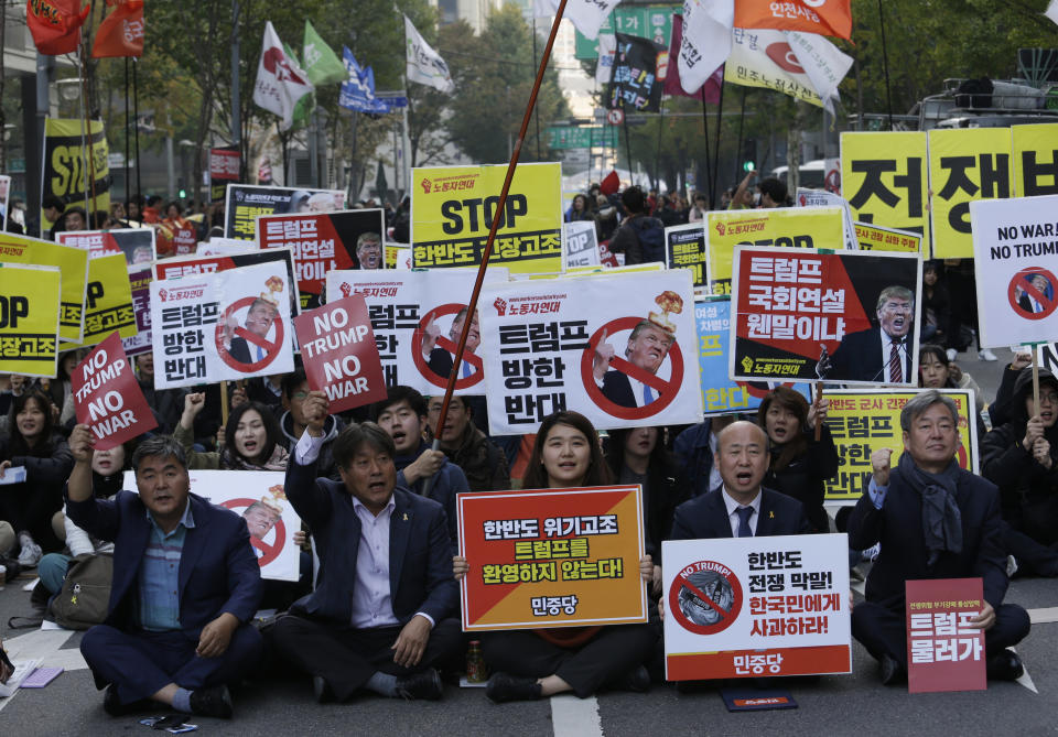 <p>Protesters stage a rally to oppose a planned visit by the President Donald Trump in Seoul, South Korea, Saturday, Nov. 4, 2017. (Photo: Ahn Young-joon/AP) </p>