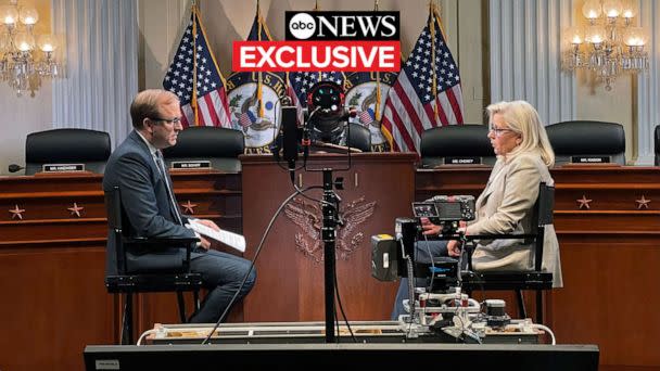 PHOTO: Rep. Liz Cheney speaks with ABC News Chief Washington Correspondent Jon Karl, Aug. 19, 2022, in Washington, D.C. (Quinn Scanlan/ABC News)