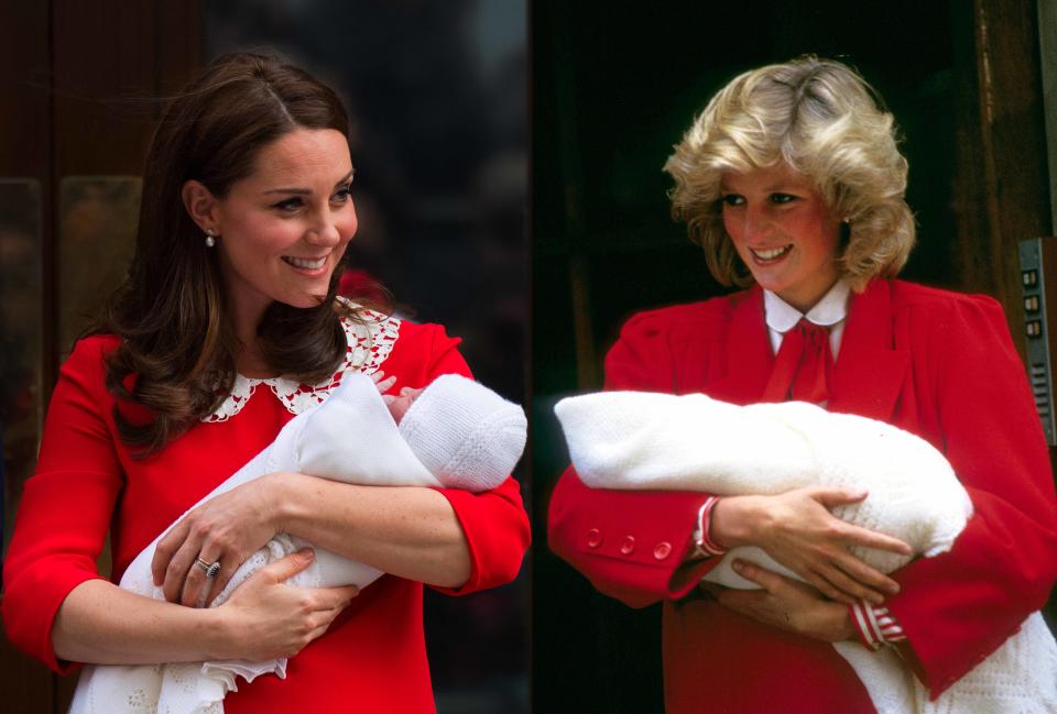 <p>Following the birth of her third child Prince Louis, Kate wore a red dress, similar to what Diana was wearing after Prince Harry’s birth. Source: Getty </p>