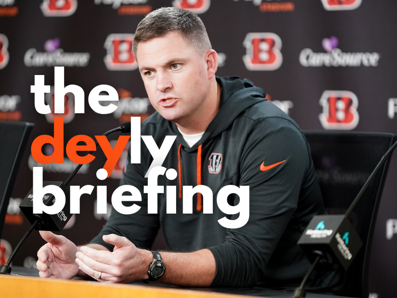 Cincinnati Bengals head coach Zac Taylor takes questions from the press during a news conference, Monday, April 15, 2024, at Paycor Stadium in Cincinnati.