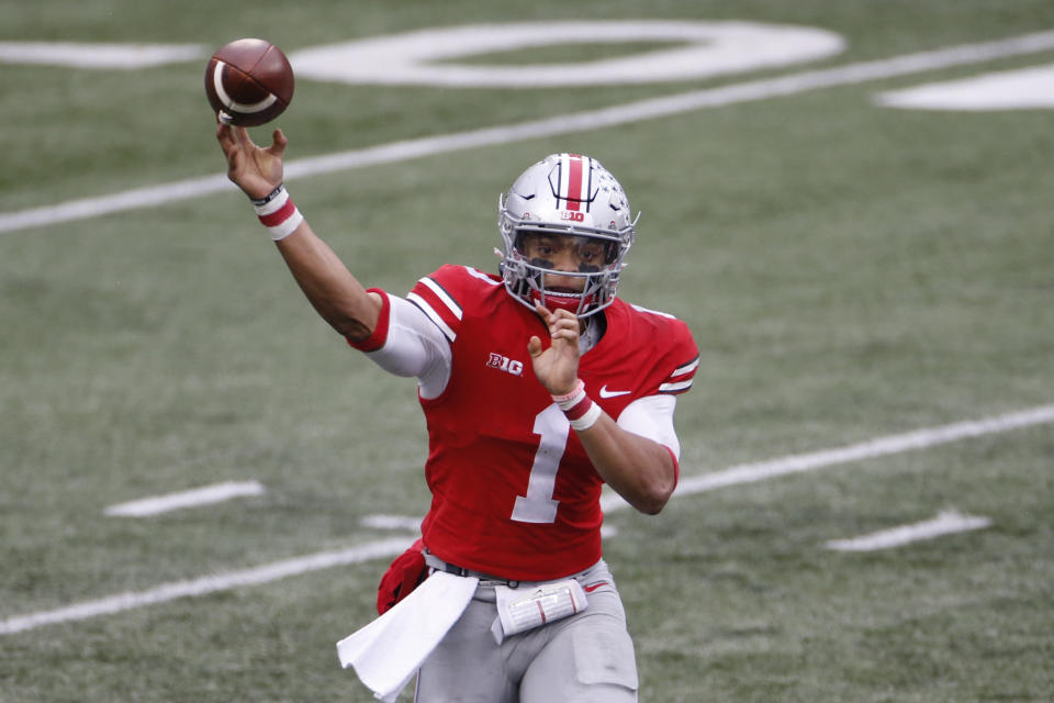 Ohio State quarterback Justin Fields didn't have his finest day against Indiana. (AP Photo/Jay LaPrete)