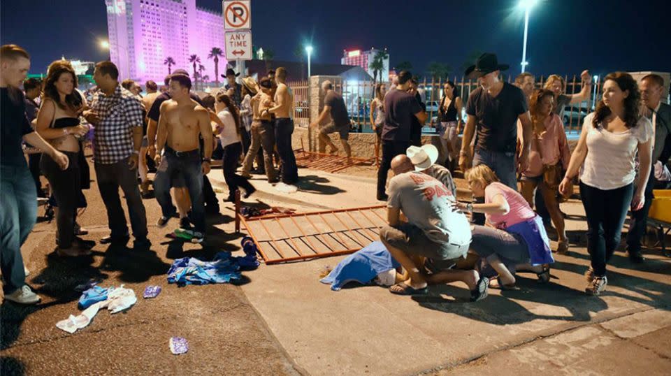 Concertgoers ran for their lives as gunfire rang out across the Vegas strip. Source: AP