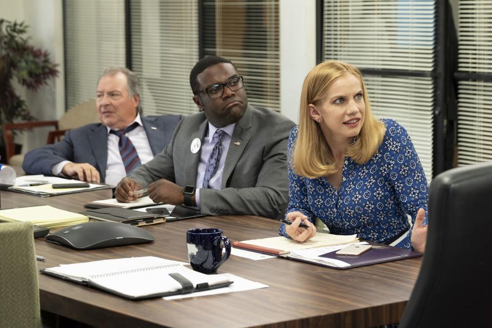 Kevin Dunn, Sam Richardson, and Anna Chlumsky in a scene from the final season of Veep.