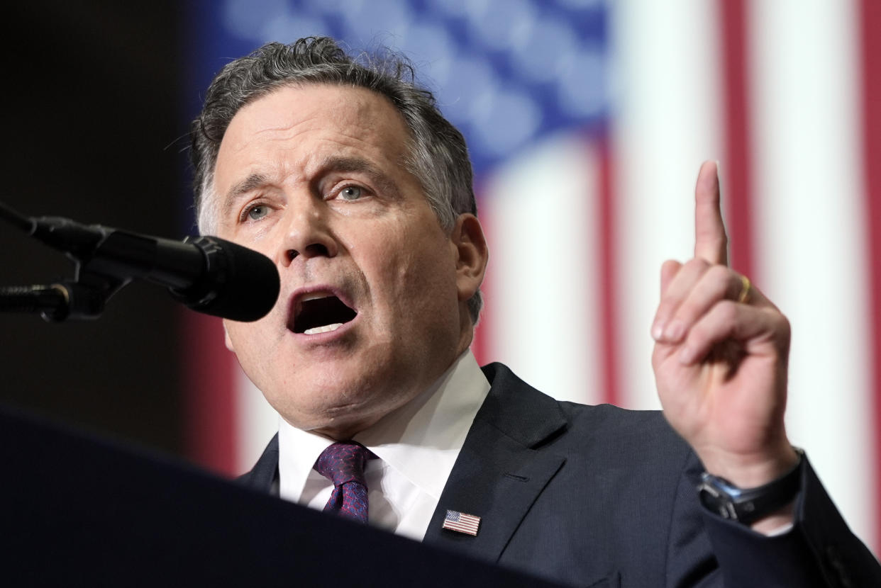 Dave McCormick, Pennsylvania Republican Senate candidate, speaking at a campaign event with former President Donald Trump in Johnstown, Pennsylvania, 2024.