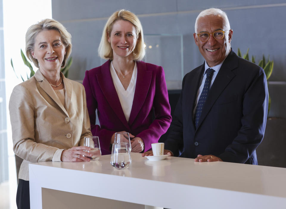 European Commission President Ursula Von der Leyen, left, Estonia's Prime Minister Kaja Kallas and former Portuguese Prime Minister Antonio Costa, right, attend a meeting at Brussels Airport, Brussels, Belgium, Friday June 28, 2024, a day after the EU summit. European Union leaders have agreed on the officials who will be the face of the world’s biggest trading bloc in coming years for issues ranging from anti-trust investigations to foreign policy. The EU presidency of the Council said Ursula von der Leyen was approved for a second term as the EU’s executive Commission. (Olivier Hoslet/Pool via AP)