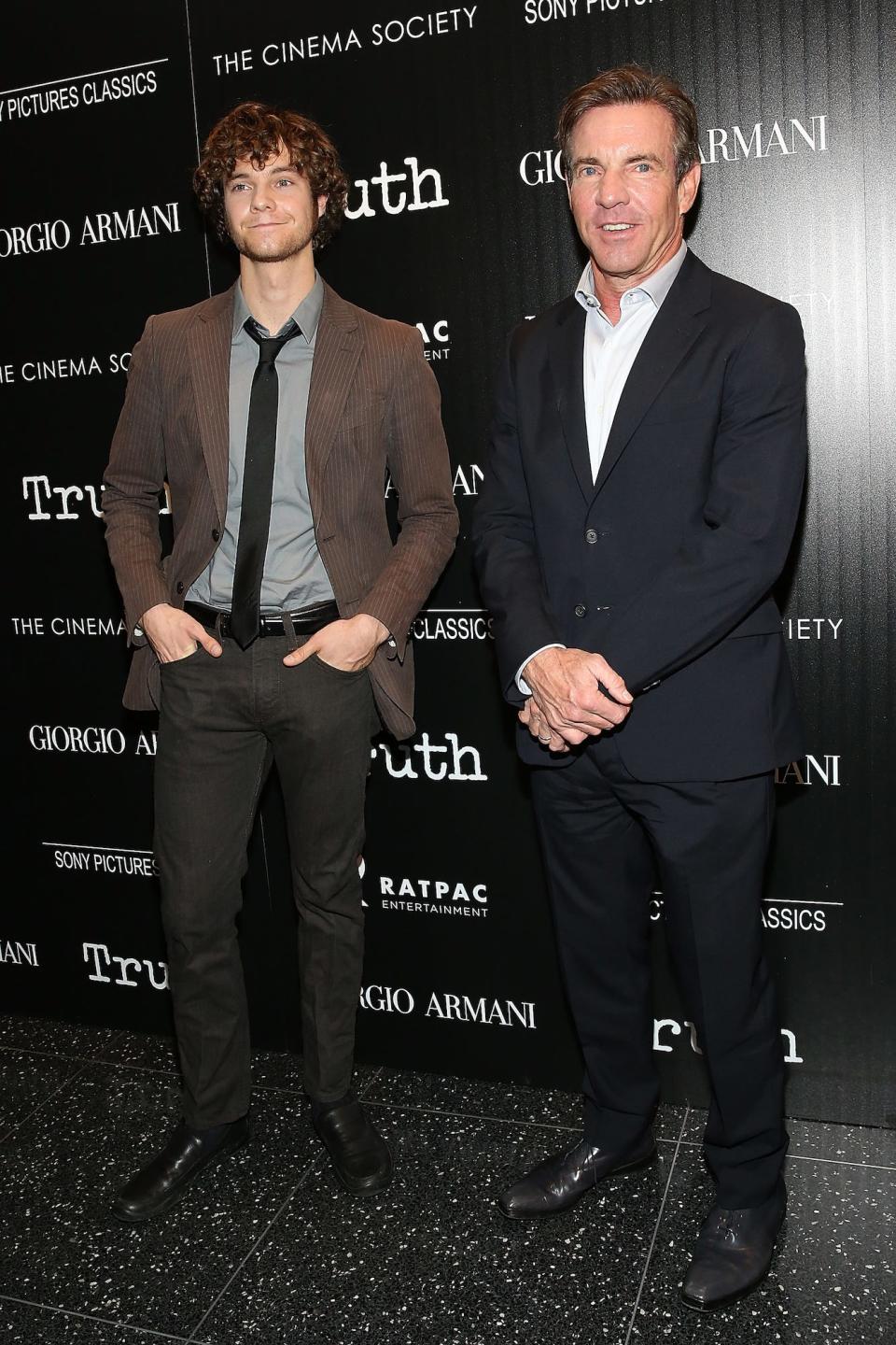 Jack Quaid and Dennis Quaid stand next to each other at a "Truth" screening in October 2015.