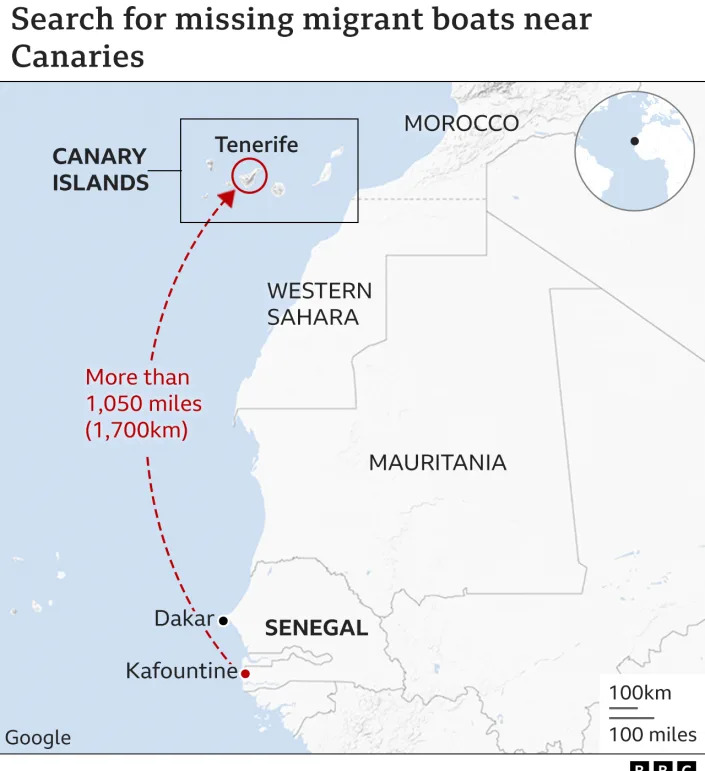 A BBC map titled &quot;search for missing migrant boats near Canaries&quot; shows the 1,050-mile (1,700km) journey taken by migrants who left southern Senegal bound for Spain&#39;s Canary Islands
