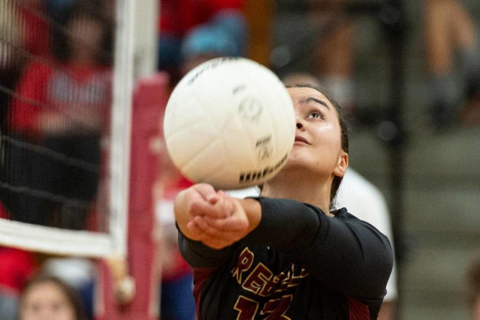 George County’s Lexi Eubanks hits the ball over the net during the 6A South State Championship game at Hancock High School in Kiln on Monday, Oct. 16, 2023.