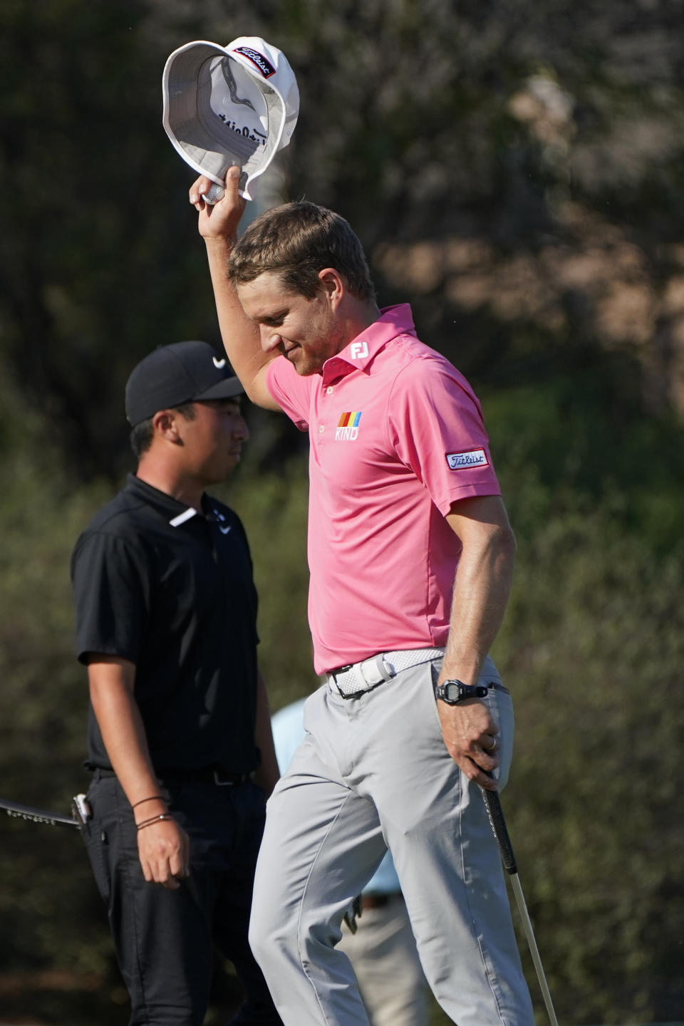 Peter Malnati waves his hat after finishing the fourth round of the Sanderson Farms Championship golf tournament in Jackson, Miss., Sunday, Oct. 4, 2020. (AP Photo/Rogelio V. Solis)