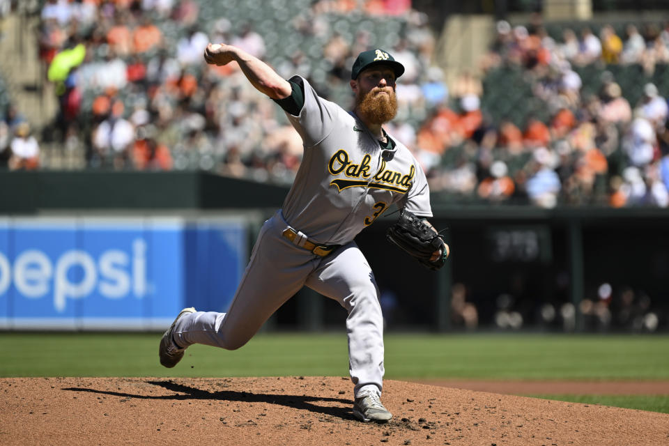 Oakland Athletics starting pitcher Adam Oller throws during the second inning of a baseball game against the Baltimore Orioles, Thursday, April 13, 2023, in Baltimore. (AP Photo/Terrance Williams)