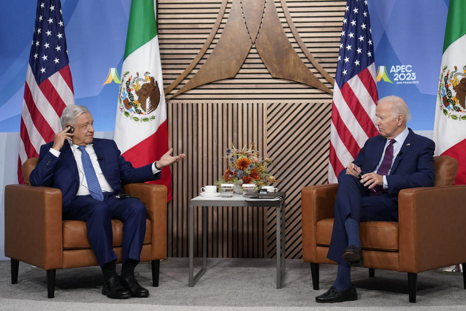 President Joe Biden meets with Mexican President Andres Manuel Lopez Obrador at the APEC summit, Friday, Nov. 17, 2023, in San Francisco.  (Evan Vucci / AP)