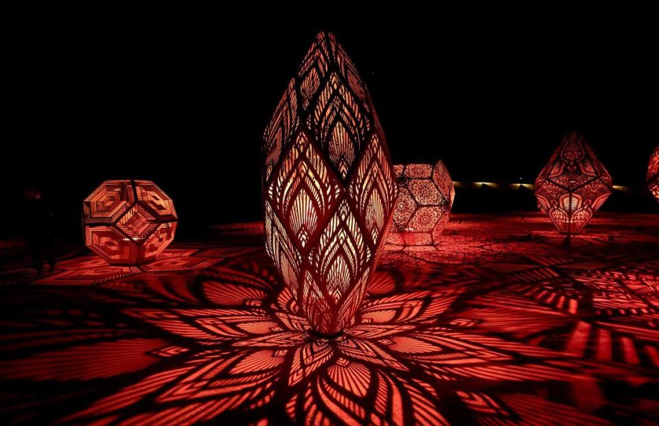 The DIMENSIONS exhibit at Sensorio in Paso Robles features a collection of illuminated geometric sculptures, seen here on May 23, 2024. It was created by the artist duo HYBYCOZO.