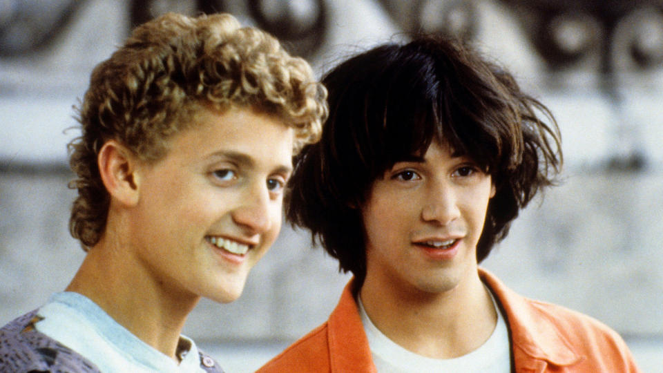 Alex Winter and Keanu Reeves return as the titular time-travelling duo. Their middle-aged rut is interrupted by a visitor from the future, who warns of the need to make a song that will save the universe. So far, so bodacious. (Credit: Orion Pictures)