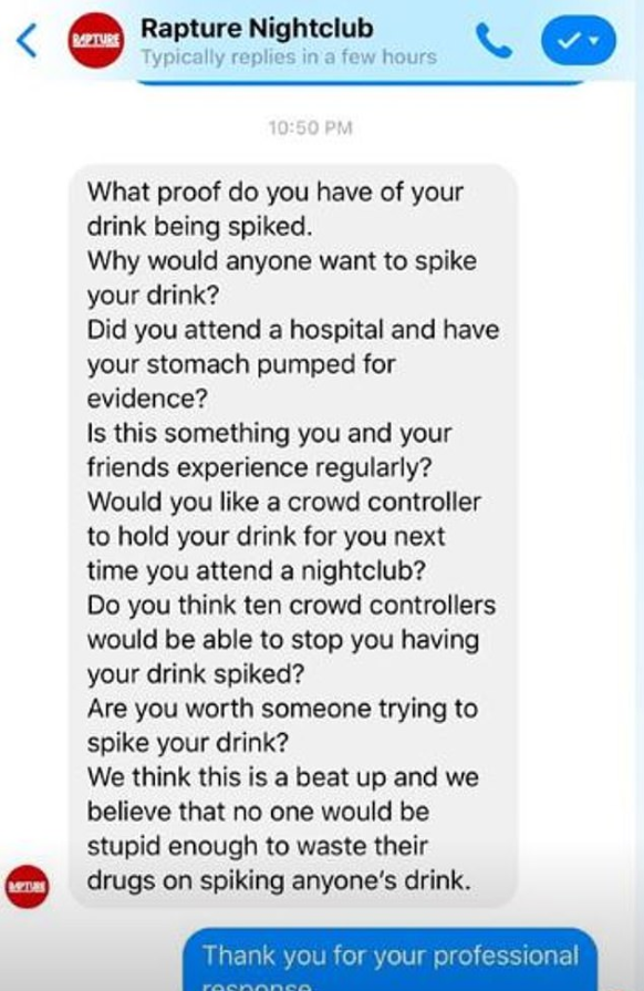 Rapture Nightclub in Northbridge, Perth, shown ridiculing teenagers Shantel Smith in reply to her saying her drink was spiked.