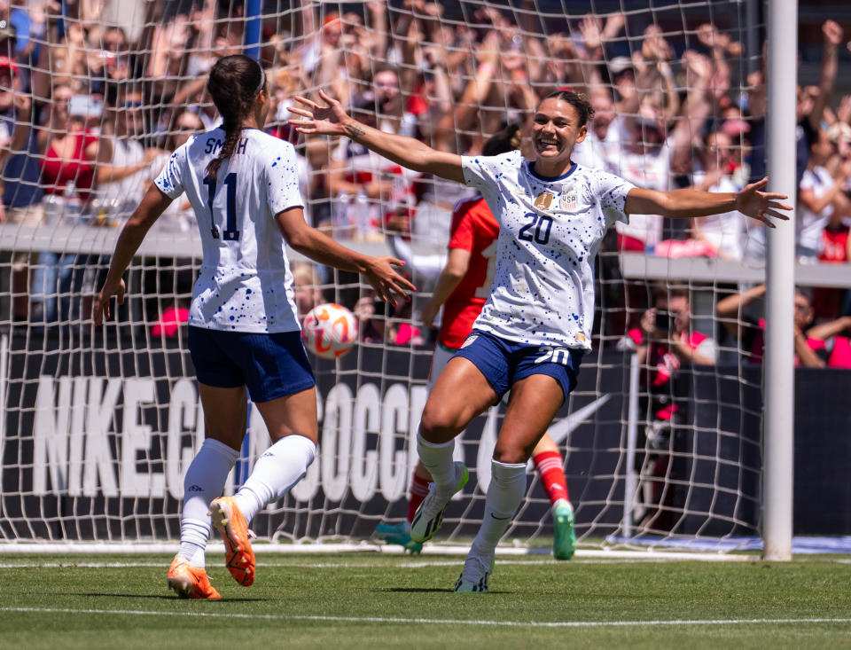 SAN JOSE, CA - JULY 9: Trinity Rodman #20 of the United States celebrates her goal during a game between Wales and USWNT at PayPal Park on July 9, 2023 in San Jose, California. (Photo by Brad Smith/USSF/Getty Images for USSF).