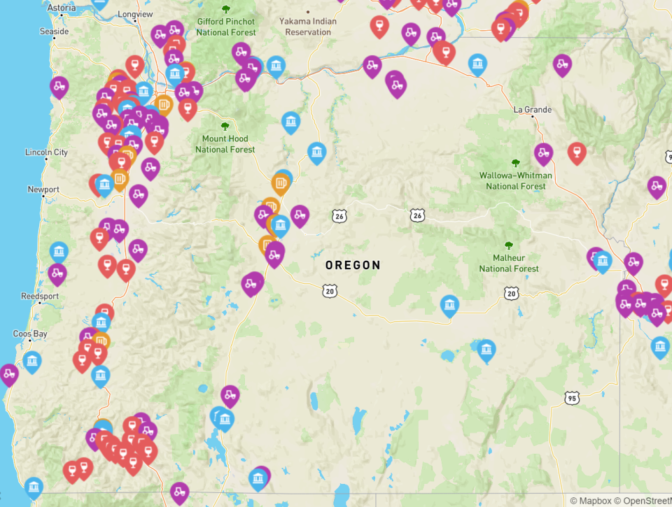 A map shows a variety of Harvest Host locations in Oregon such as wineries, farms and restaurants.