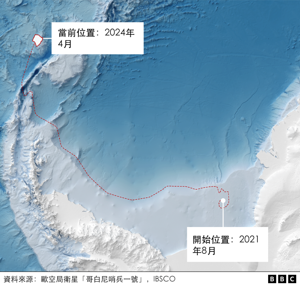 A satellite tracking image of Iceberg A23a.