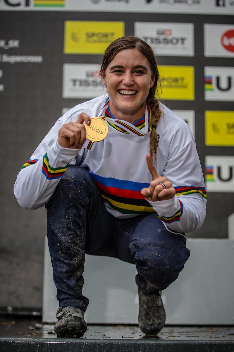 Alise Willoughby shows off her world championship medal Saturday.